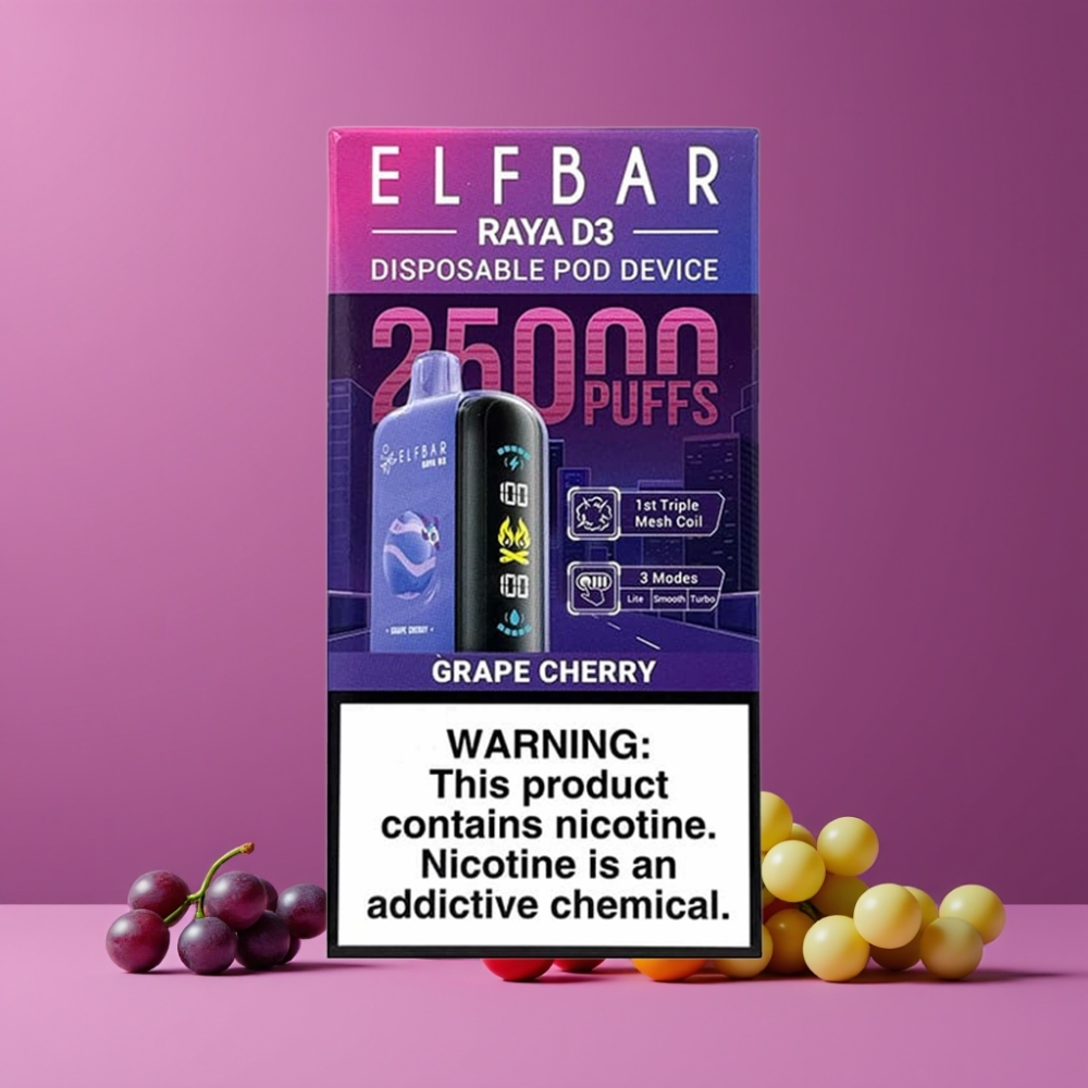 ELF BAR RAYA D3 25000パフ グレープチェリー ジャパン まとめ買い 850mAh 23ml 5% 大型スクリーン Type-C