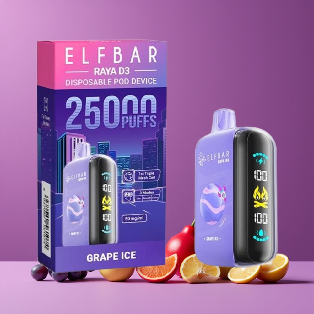 ELF BAR RAYA D3 25000パフ グレープアイス ジャパン まとめ買い 850mAh 23ml 5% Type-C 大画面