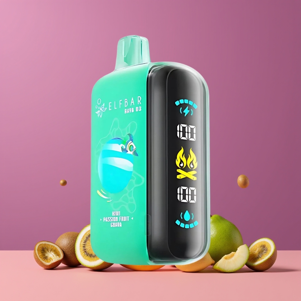 ELF BAR RAYA D3 25000パフ キウイパッションフルーツグアバ ジャパン まとめ買い 850mAh 23ml 5% 大型スクリーン Type-C