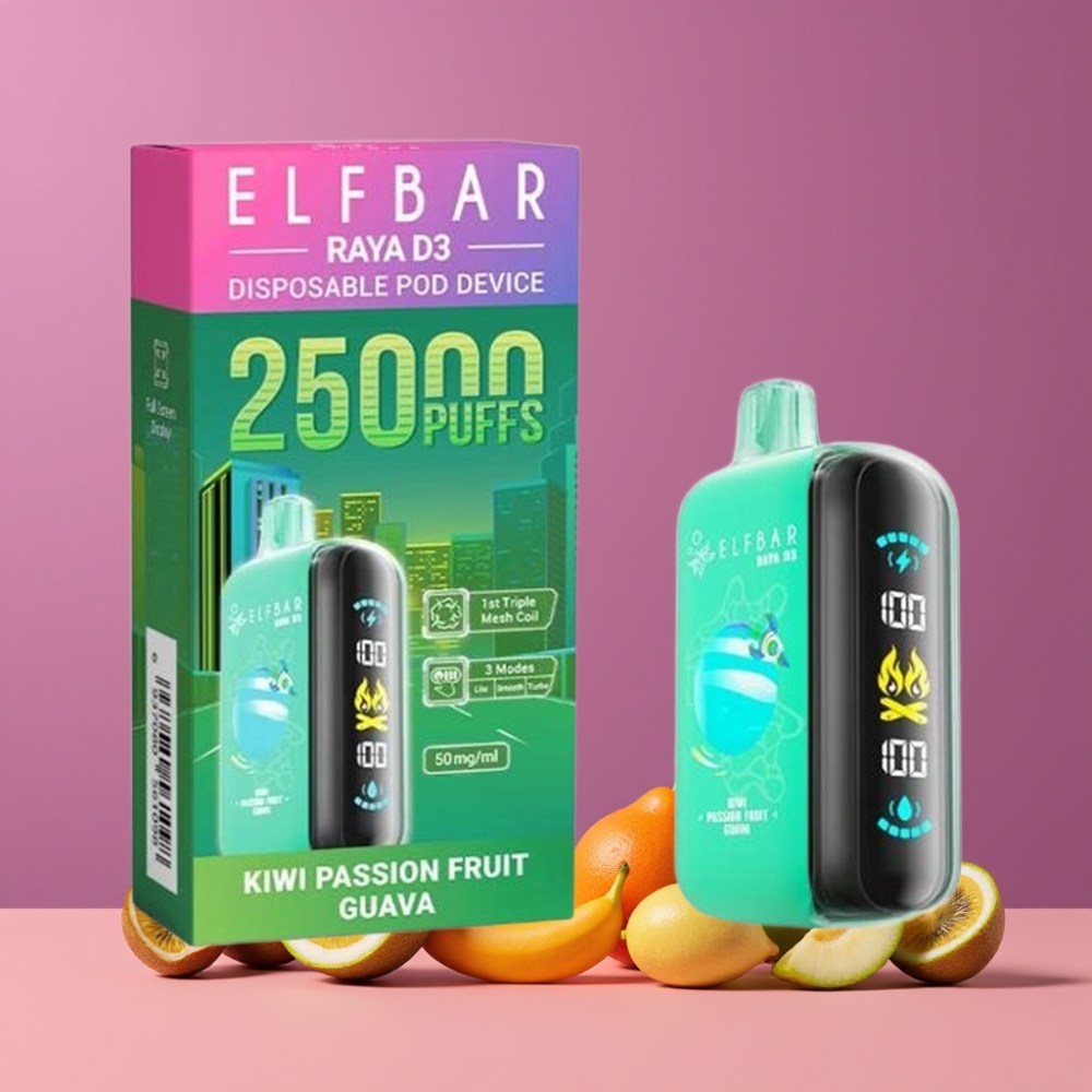 ELF BAR RAYA D3 25000パフ キウイパッションフルーツグアバ ジャパン まとめ買い 850mAh 23ml 5% 大型スクリーン Type-C