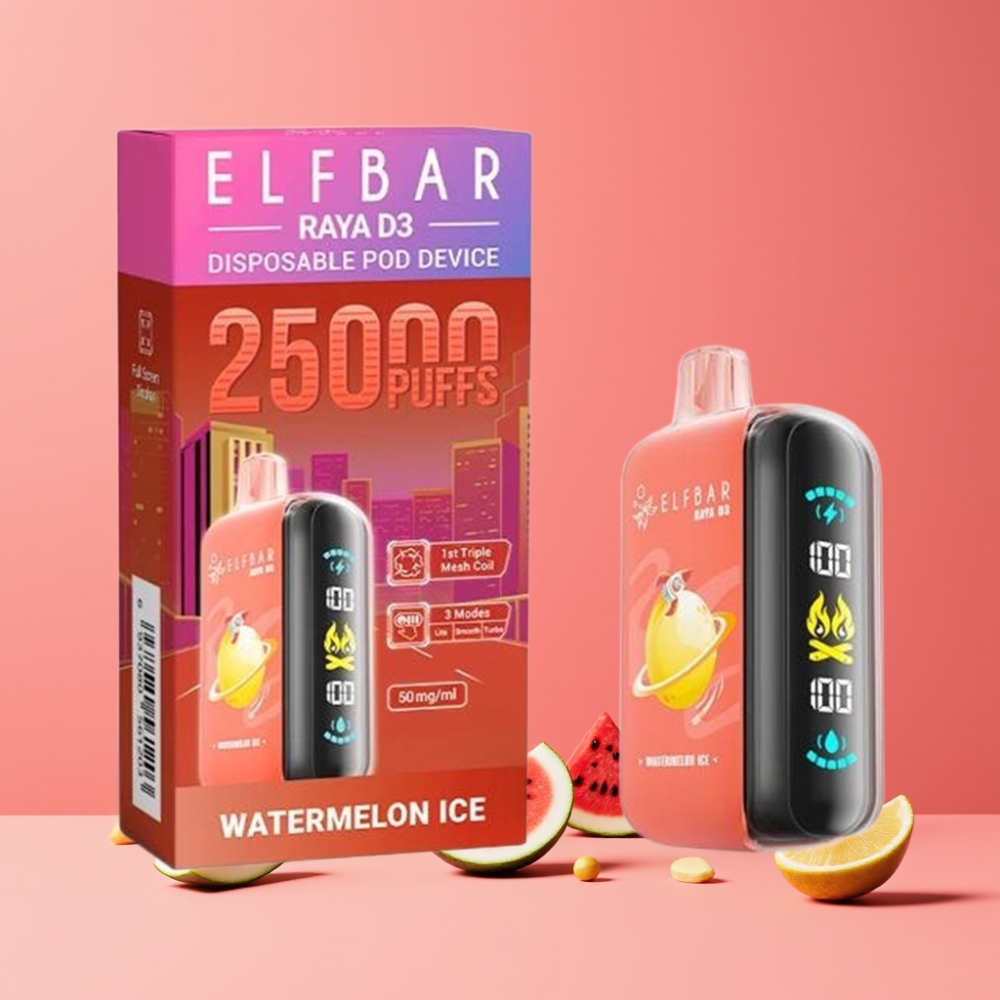 ELF BAR RAYA D3 25000パフ ウォーターメロンアイス ジャパン まとめ買い 850mAh 23ml 5% 大画面 Type-C
