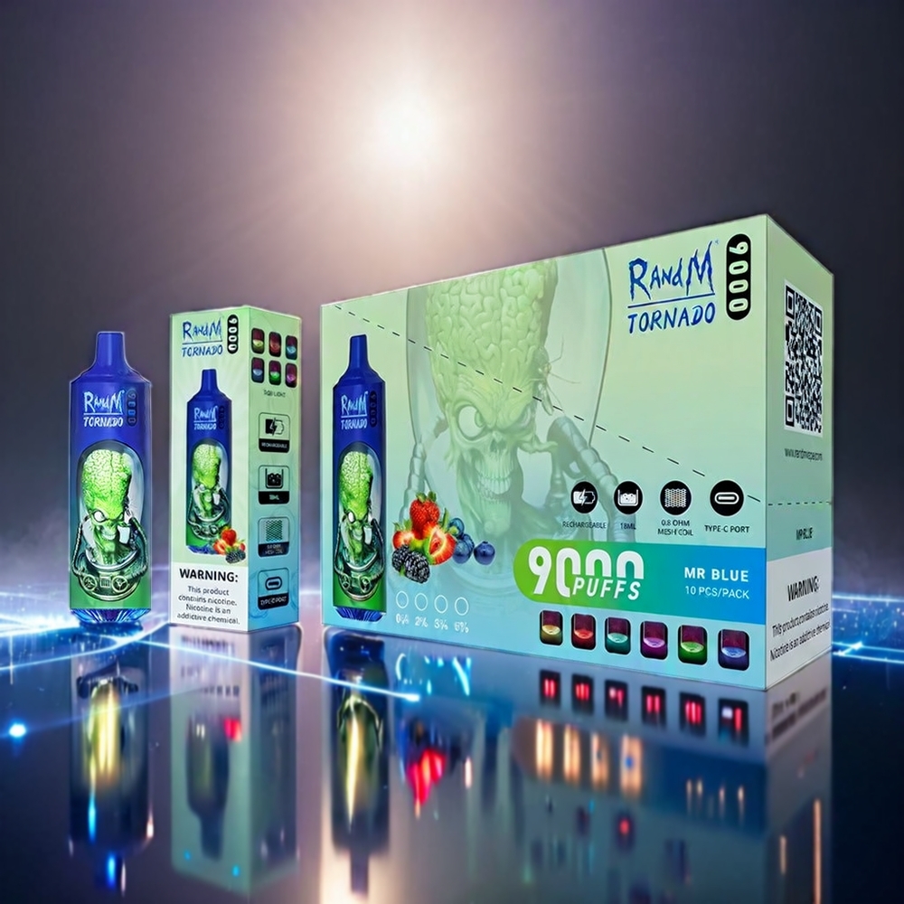 Fumot RandM Tornado 9000 Puffs 850mAh 18mL メッシュコイル RGB ブルー ジャパン まとめ買い